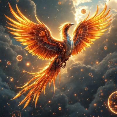 Primary subject: A bird with a golden and orange color, possibly a phoenix, with a blue head and a white chest.

Setting/background: The bird is flying through a cloudy sky, with a backdrop of a sunset.

Visual style: The bird is depicted as a digital art or illustration, giving it a vibrant and lively appearance.

Colors and mood: The bird's colors are predominantly golden and orange, with a blue head and a white